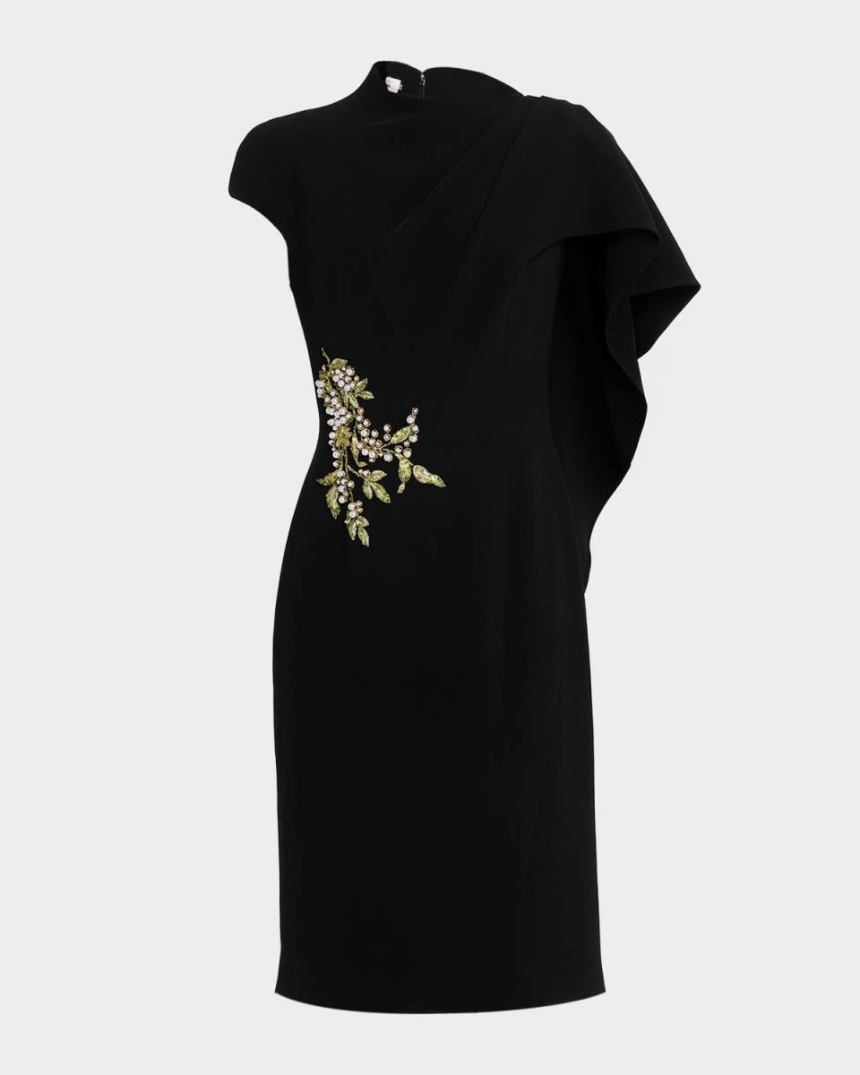 Draped Asymmetric Floral-Embellished Dress